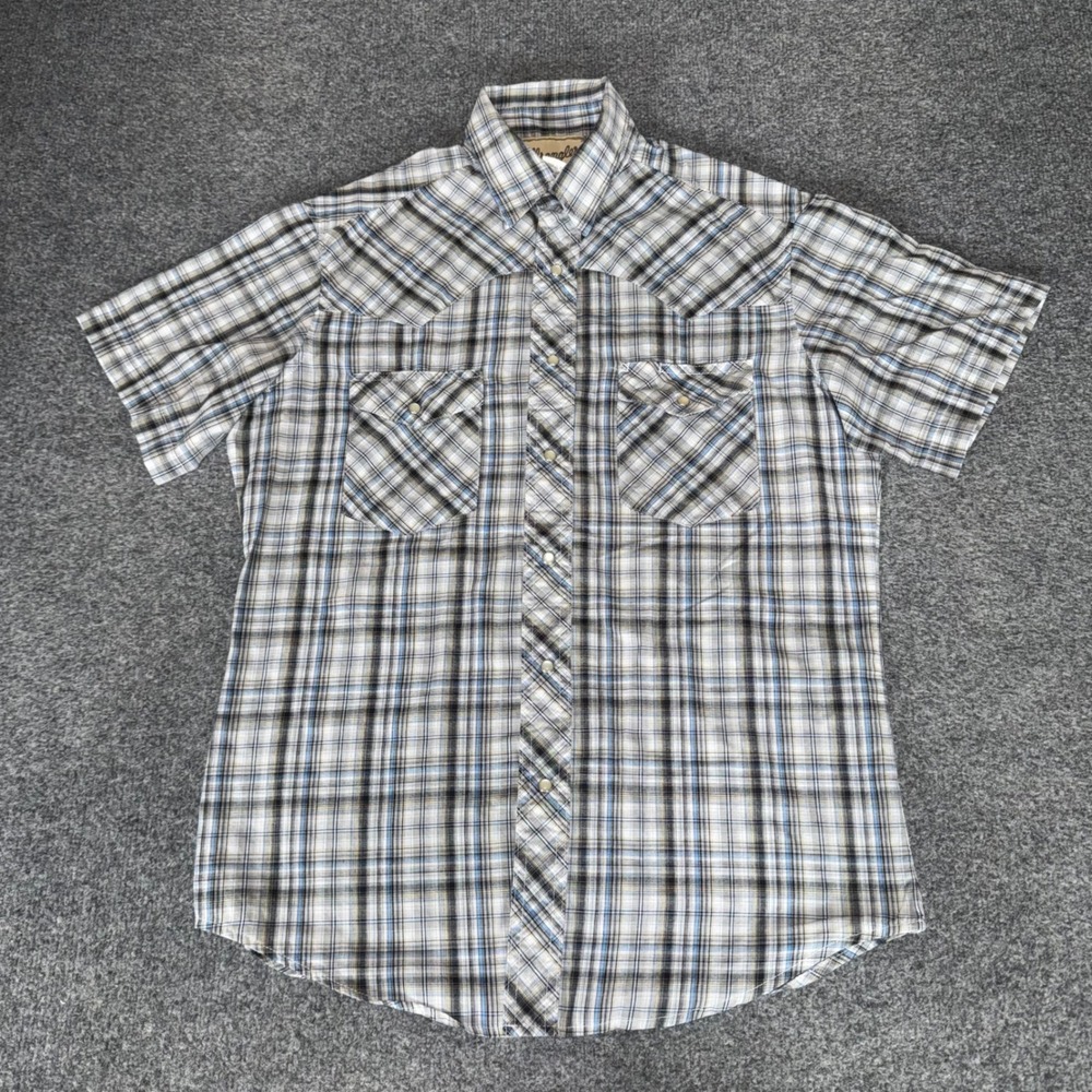 Wrangler Western Snap Shirt Men Size M Grey Blue Plaid Short Sleeve Cowboy Rodeo